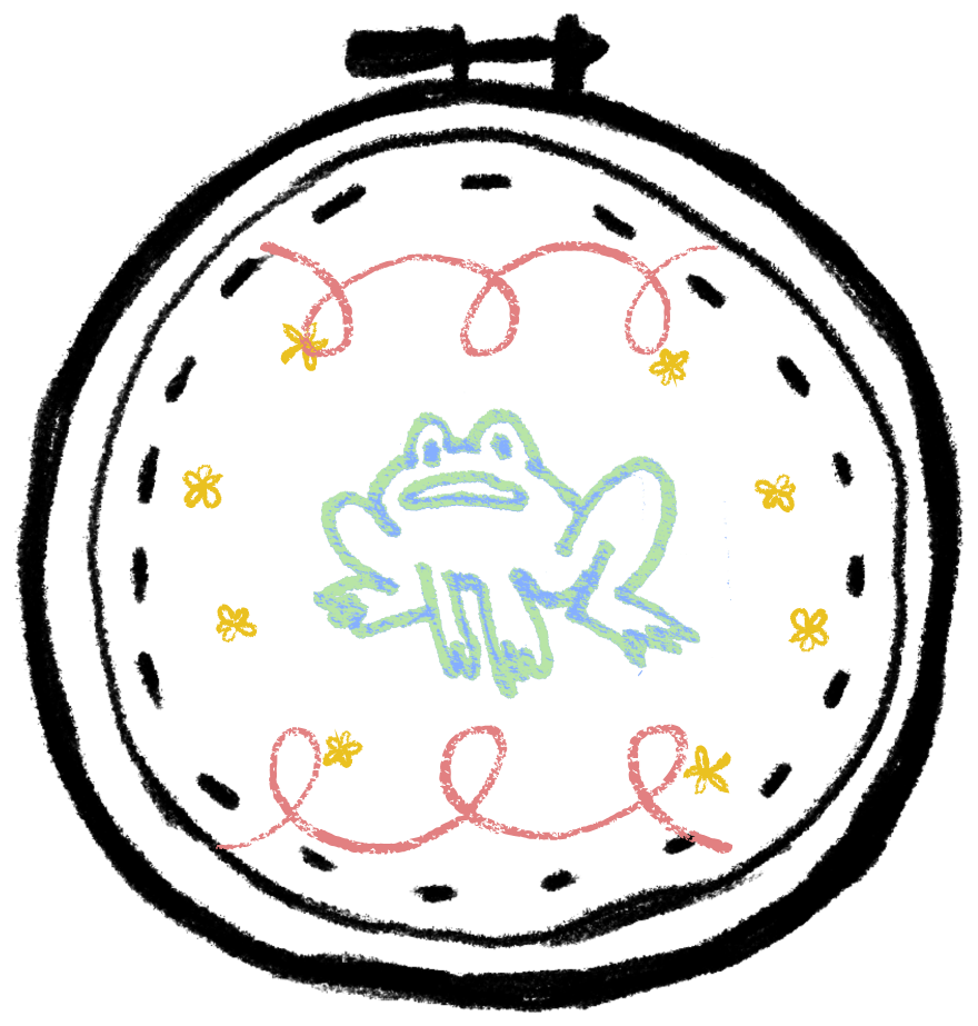 The Garabatos Hileños mark: a coquí stitched inside an embroidery hoop, ringed with flowers.